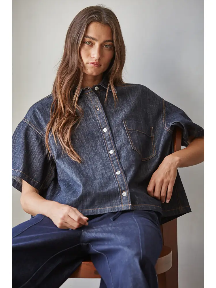 Denim Cotton Collar Button Down Short Sleeve Top
