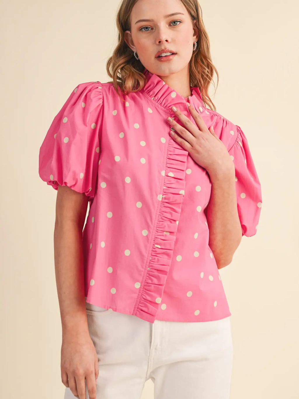 Polka Dot Ruffled Button Down Top - PINK