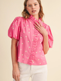 Polka Dot Ruffled Button Down Top - PINK