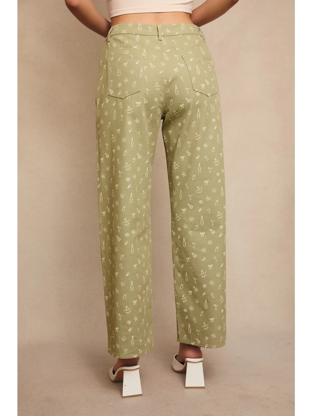 Mid-Rise Summer Graphic Wide Leg Pants - LIGHT GREEN