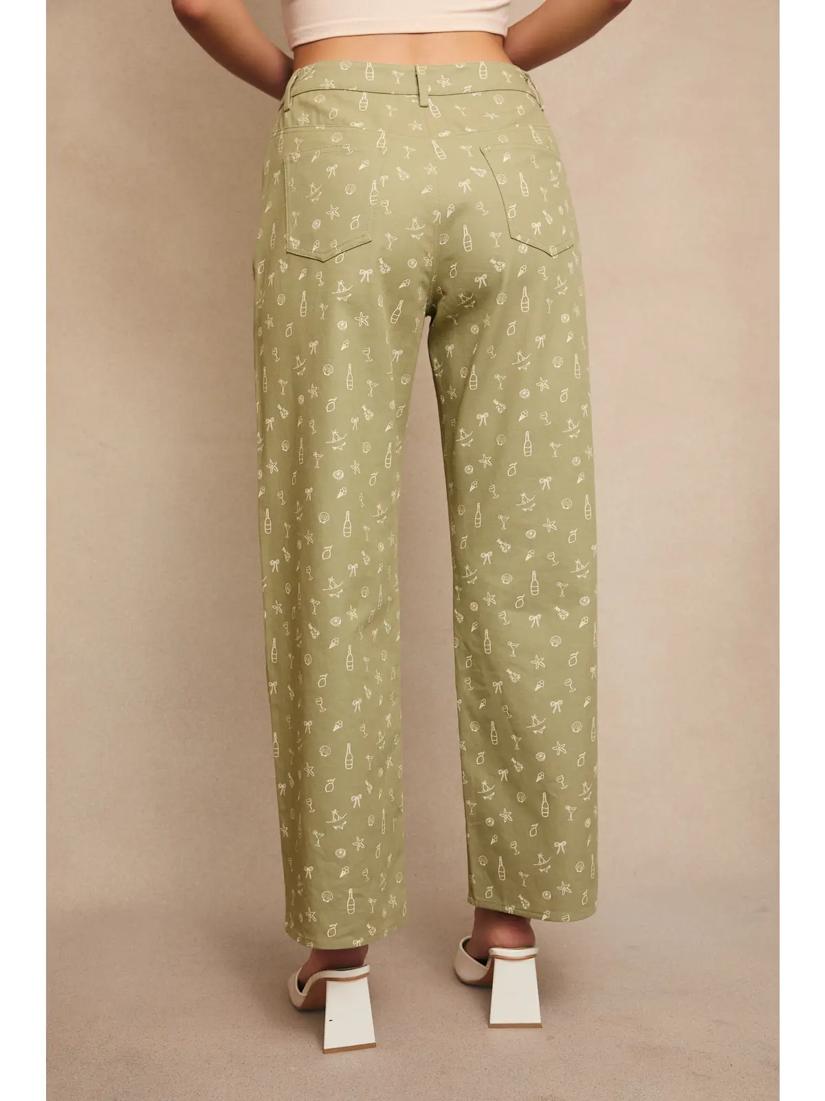 Mid-Rise Summer Graphic Wide Leg Pants - LIGHT GREEN