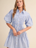 Striped Smocked Bodice Mini Dress - LT BLUE WHITE STRIPE