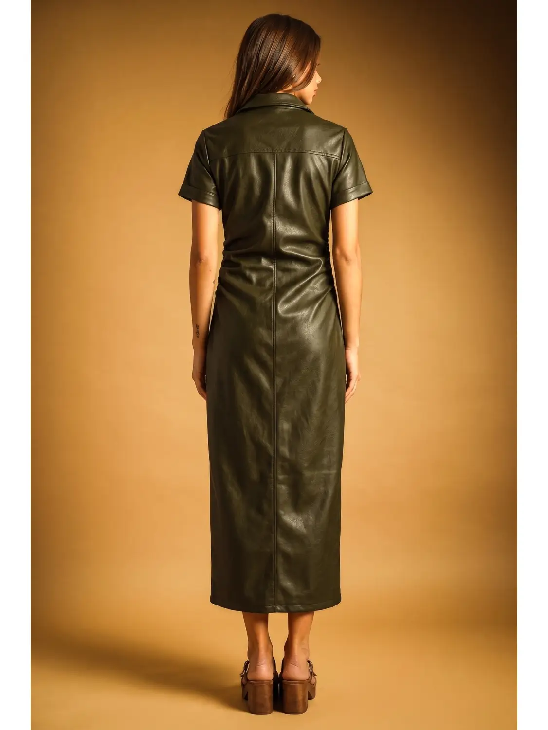 Faux Leather Buttondown Short Sleeve Dress - OLIVE