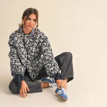 Floral Quilted Jacket with Ribbon Detail MJK3622 - navy floral