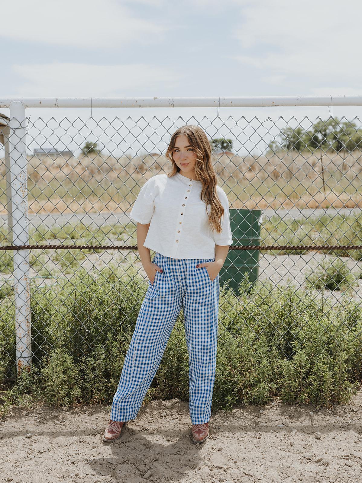 Gingham Pattern Elastic Band Waist Pants - BLUE/WHITE