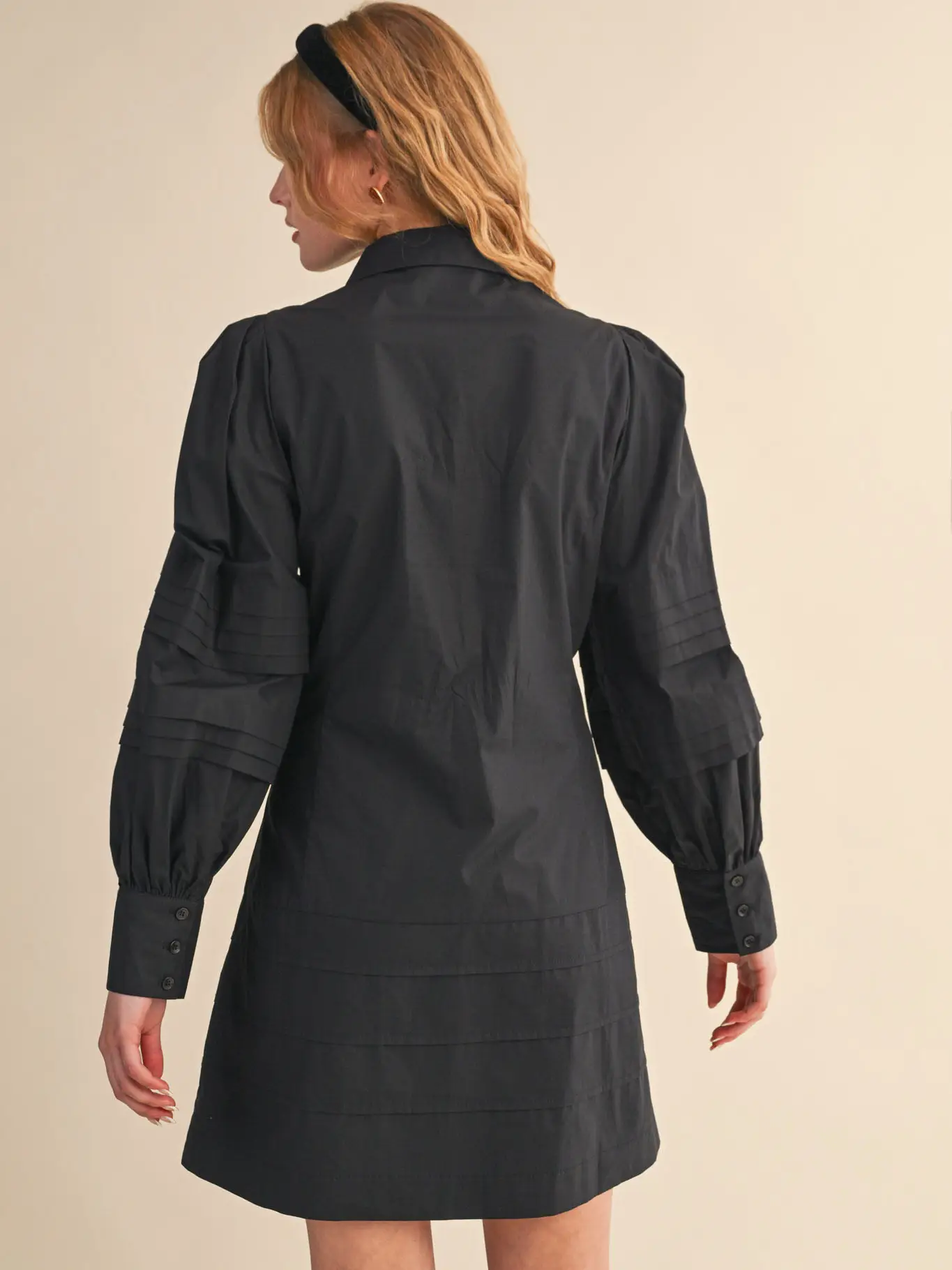 Pin Tuck Detail Button Down Mini Dress - BLACK