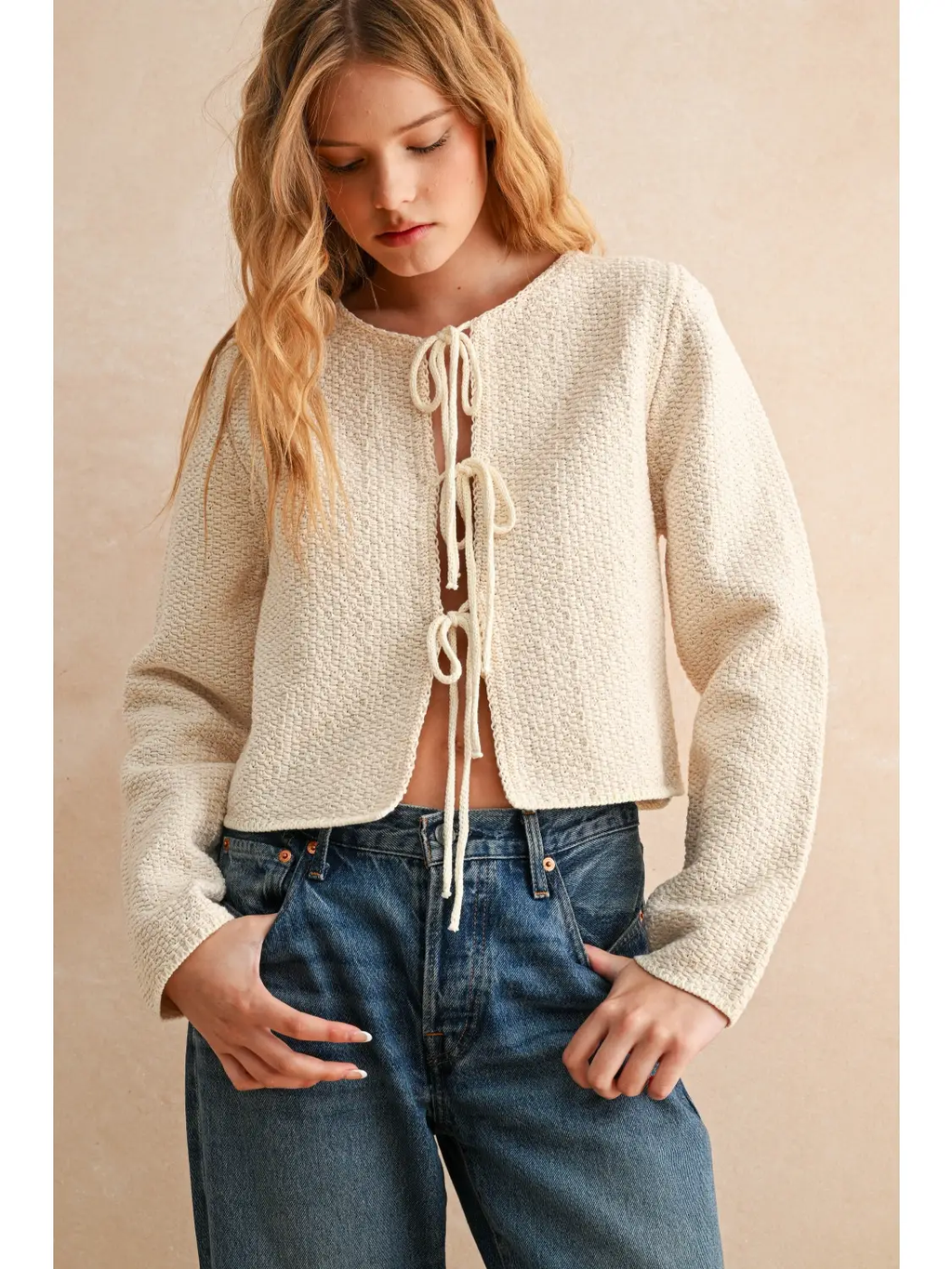 Two Tone Tie Front Long Sleeve Cardigan - CREAM