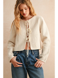 Two Tone Tie Front Long Sleeve Cardigan - CREAM