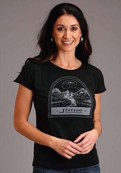 WOMENS S/S KNIT   STETSON LADIES SHORT SLEEVE T-SHIRT  STETSON LASSO COWBOY MOUNTIANS SCREEN