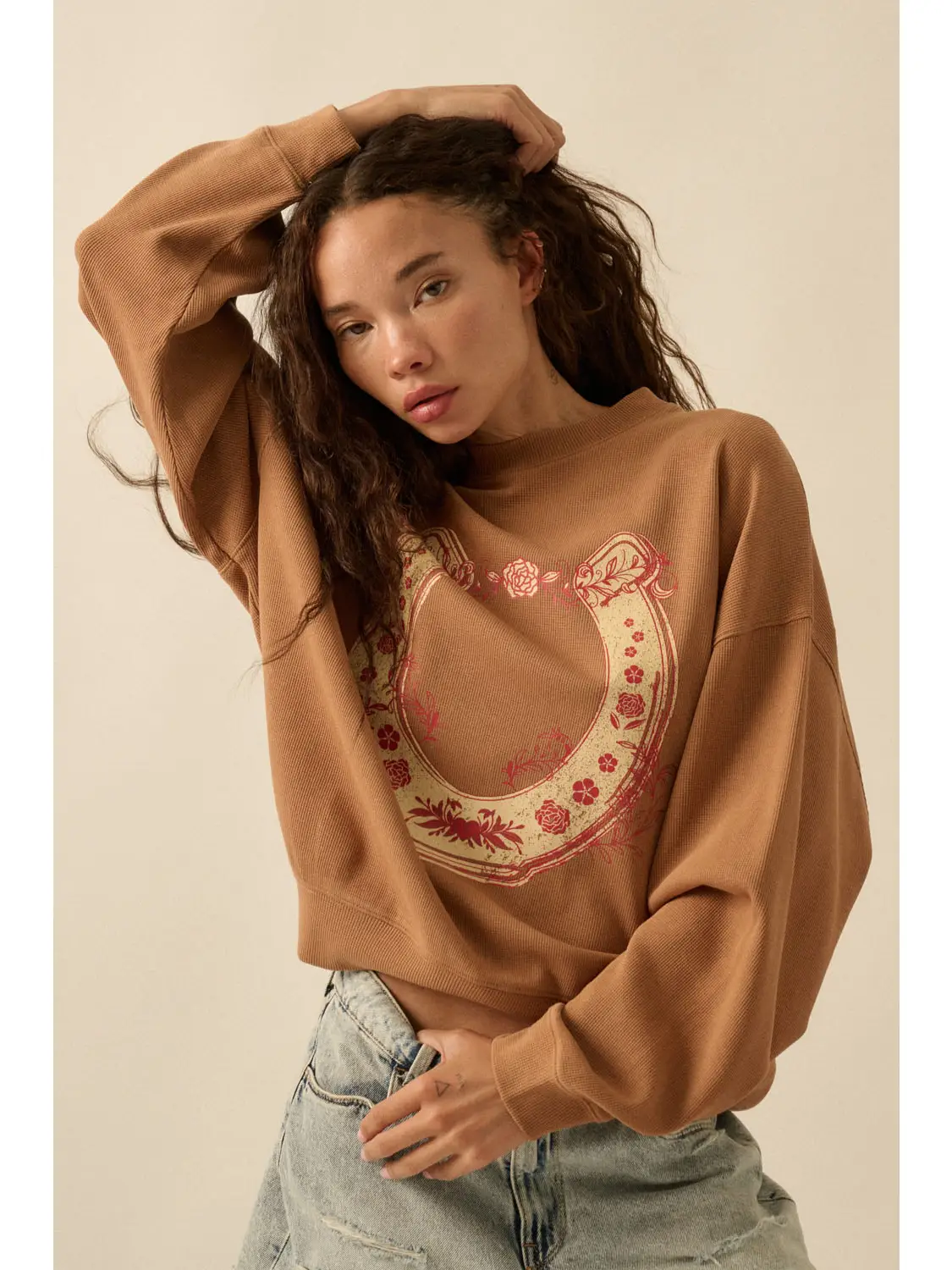 Floral Horseshoe Oversize Thermal Graphic Top