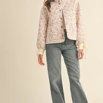 Floral Quilted Jacket with Ribbon Detail - IVORY PINK FLORAL