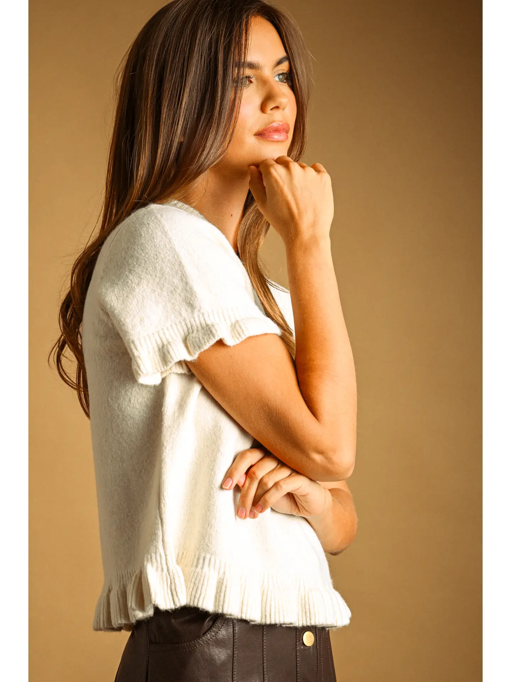 Ruffle Hem Short Sleeve Sweater Top - CREAM