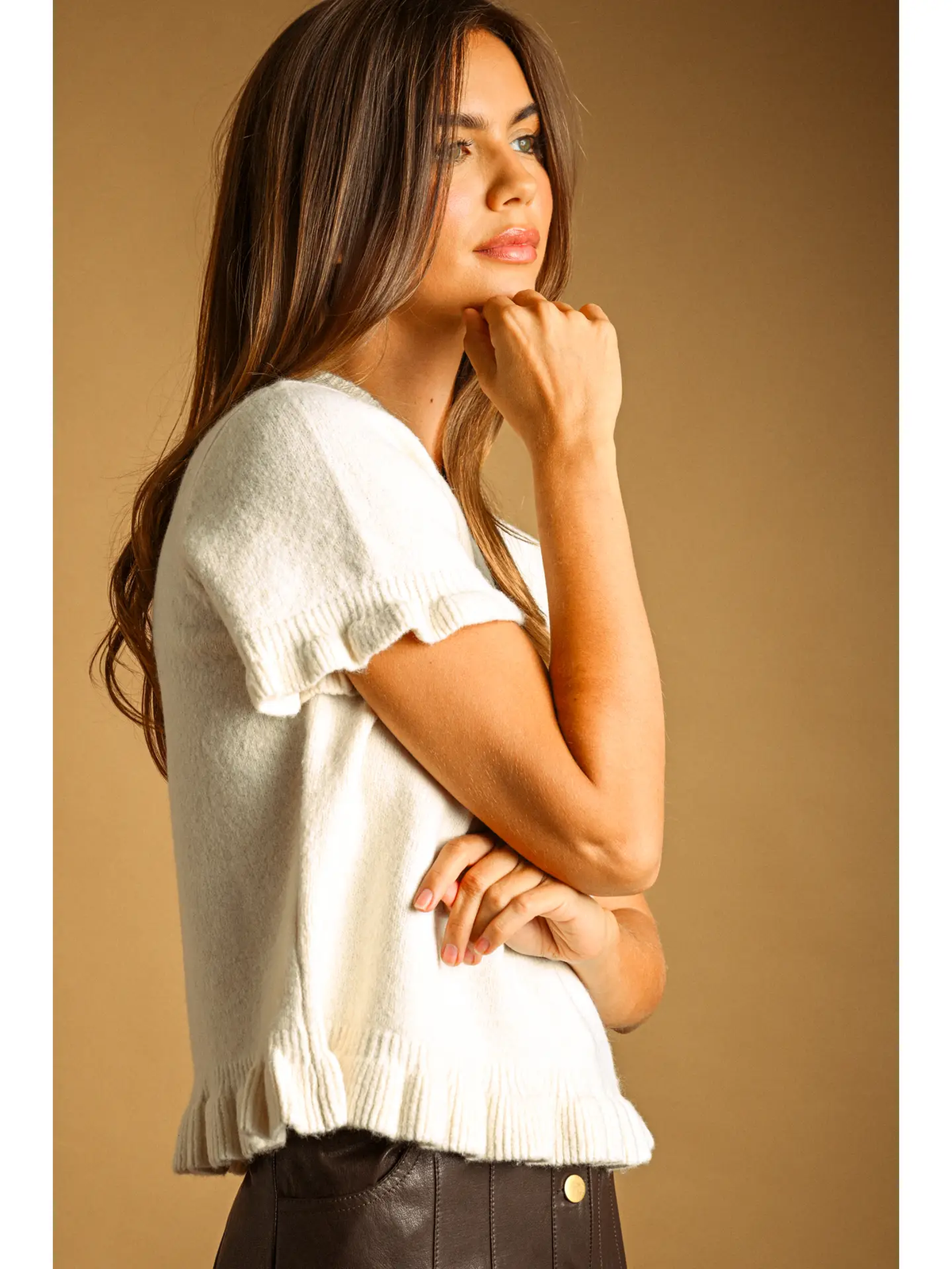 Ruffle Hem Short Sleeve Sweater Top - CREAM