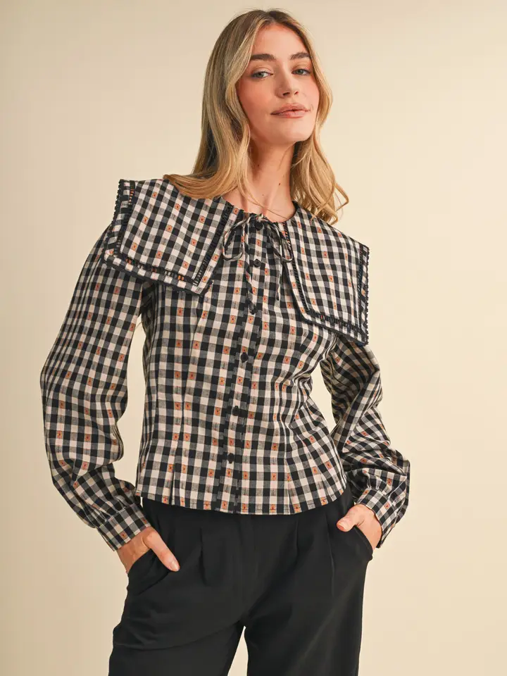 Gingham Pilgrim Collar Button Up Top
