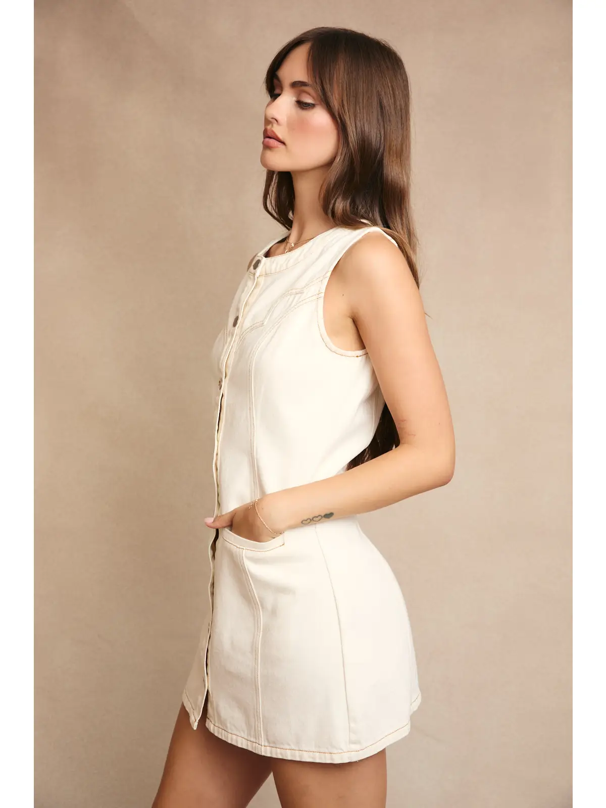 Stitch Detail Sleeveless Button Down Dress - CREME