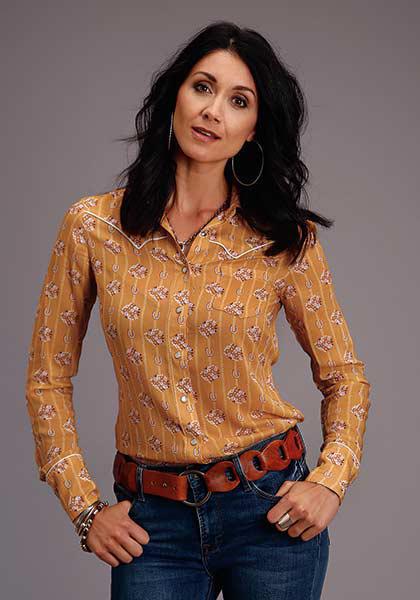 Women's Viscose "Horseshoe Wallpaper" Print Western Long Sleeve Blouse 11-050-0590-0321 YE