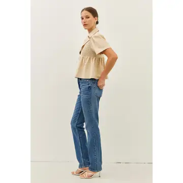 Smocked Linen Babydoll Open-Front Blouse with Ribbon - Natural