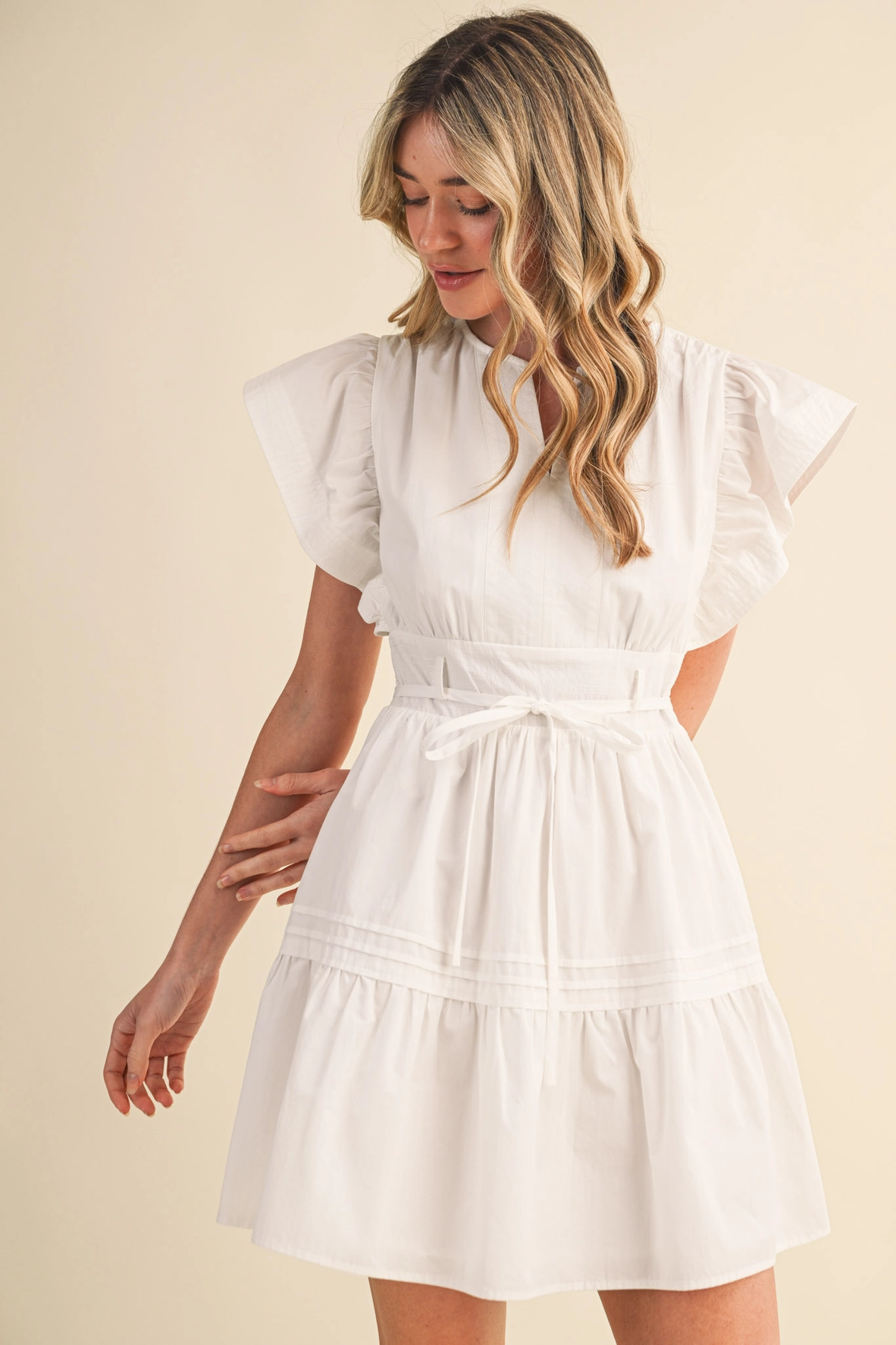 Embroidered Seam Pin Tuck Detail Mini Dress - OFF WHITE