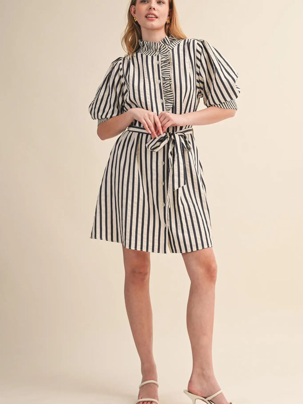 Striped Ruffled Button Down Mini Dress - BLACK STRIPE