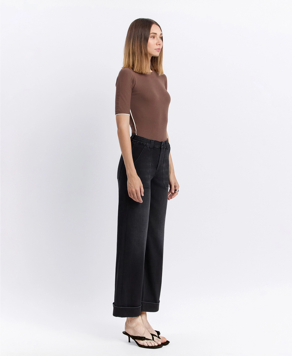 High Rise Cuffed Baggy Wide Jeans - Black