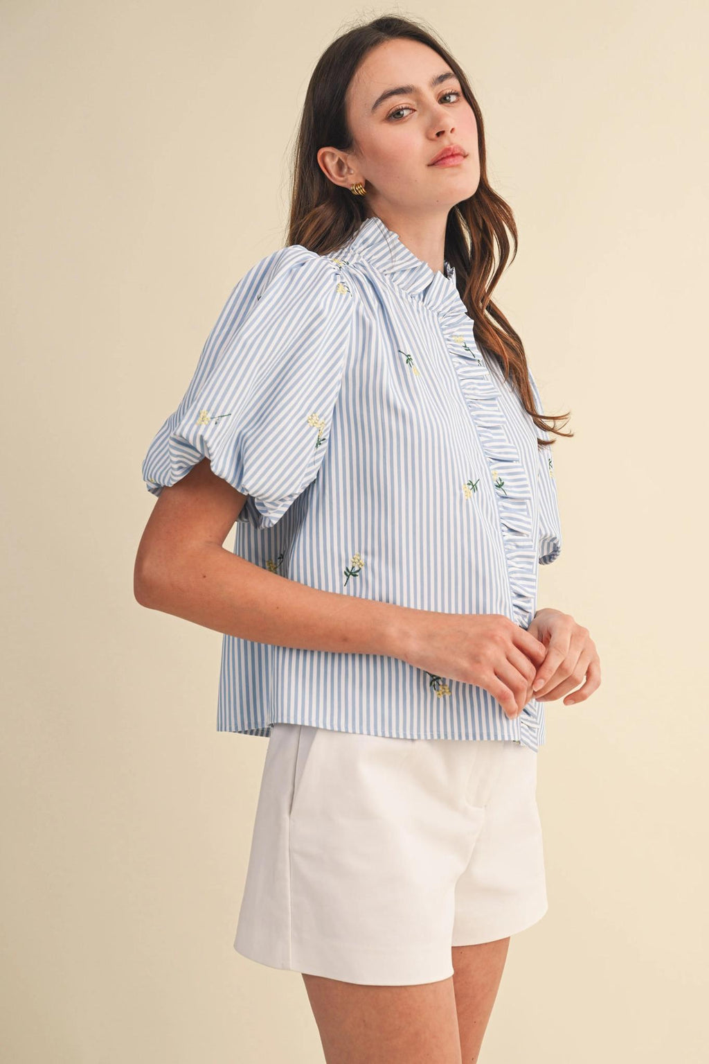 Floral Embroidery Striped Ruffled Button Down Top - Sky Blue Stripe