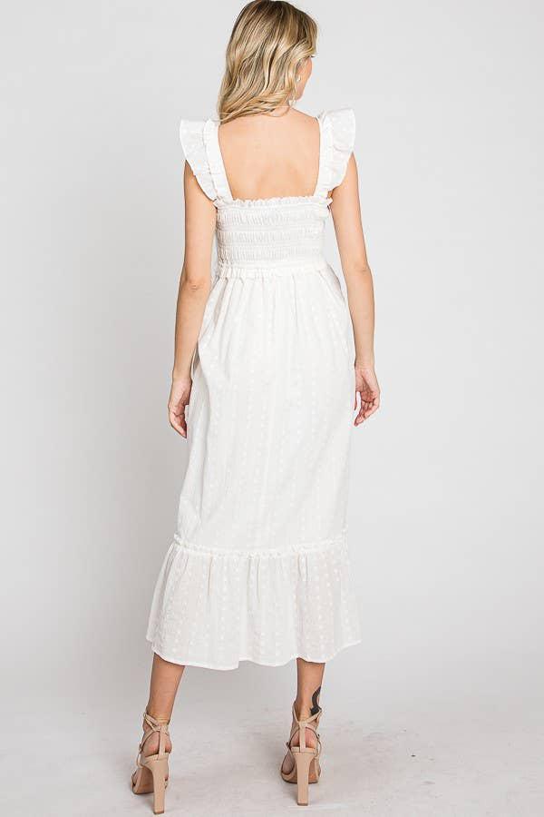 COTTON JACQUARD SMOCKED DRESS - WHITE
