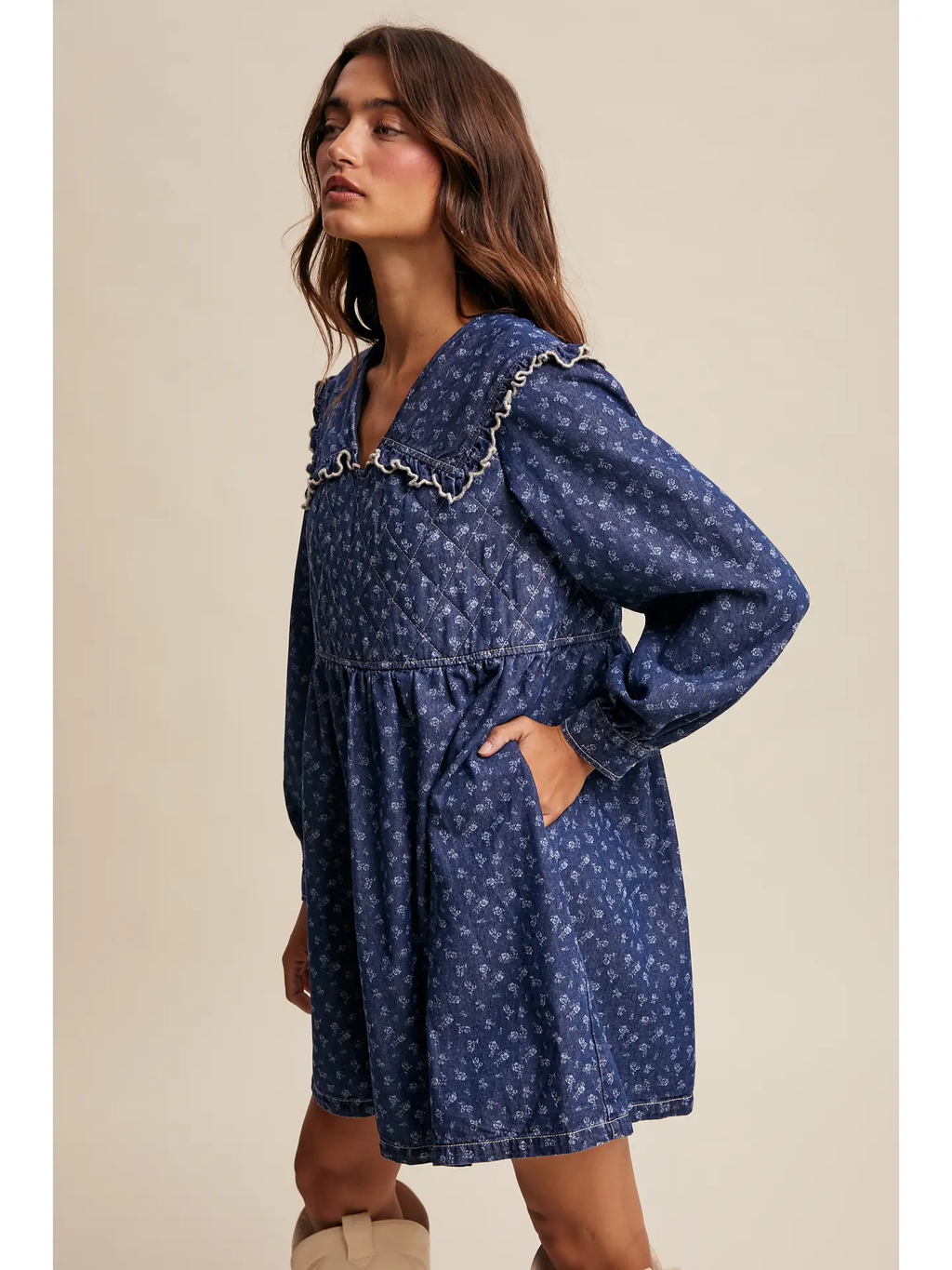 Quilted Yoke Denim Mini Dress