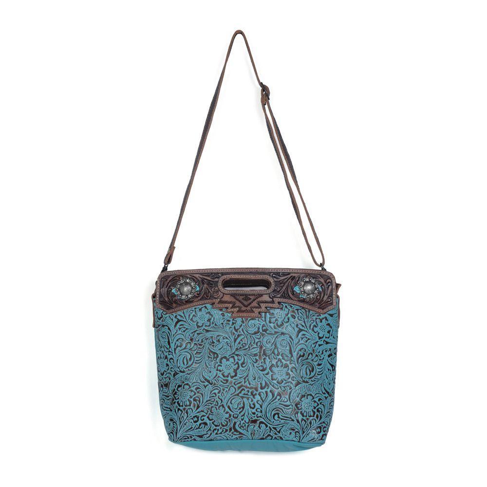 Myra Blue Blossoms Hand-Tooled Bag - S-3363