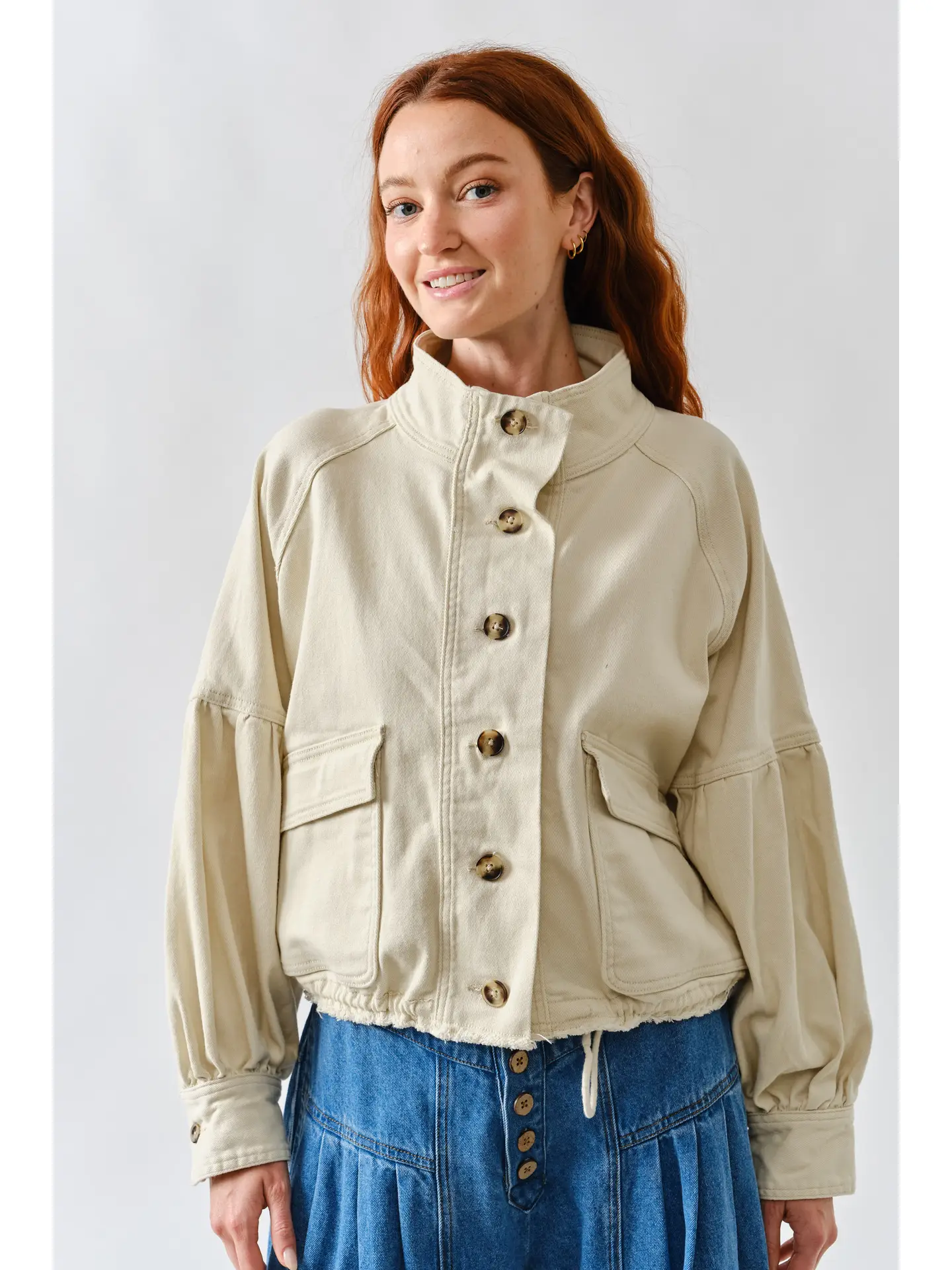 Ballon Sleeve Twill Jacket Drawsting Waist