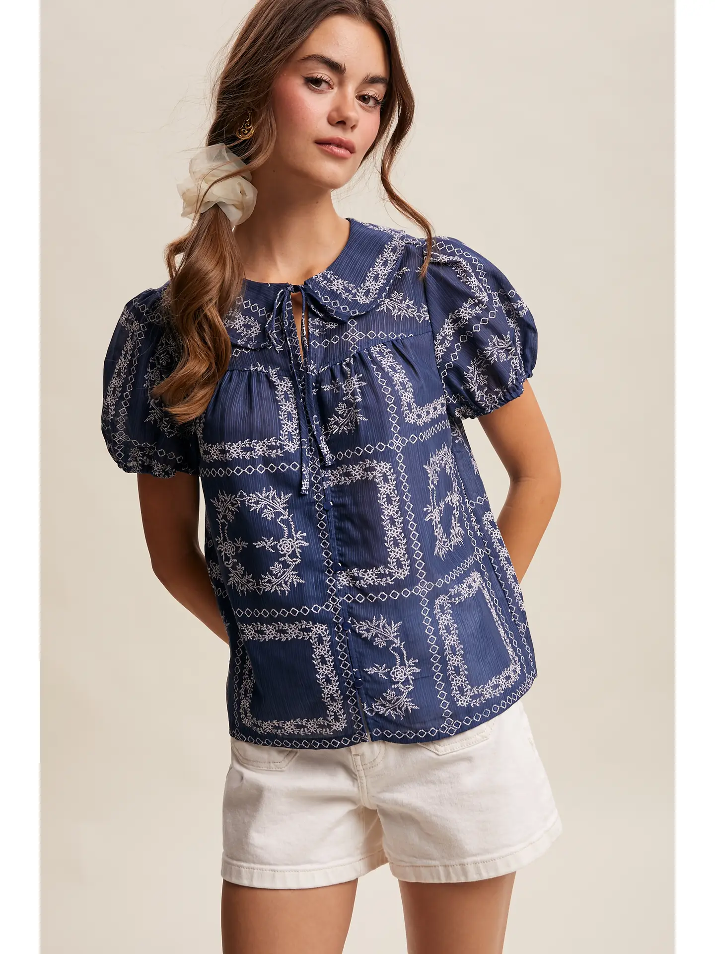 Embroidered Eyelet Puff Sleeve Blouse - NAVY