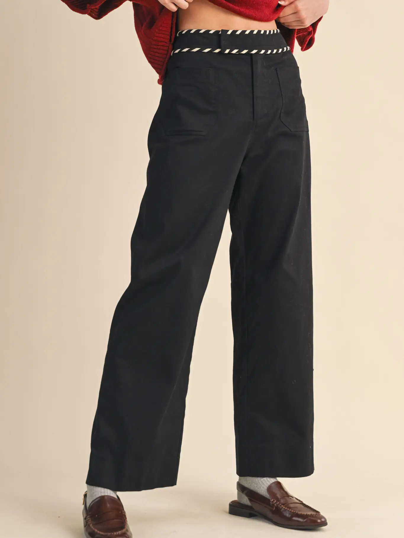 High Waist Wide Leg Pants with Whip Stitch Trim - BLACK