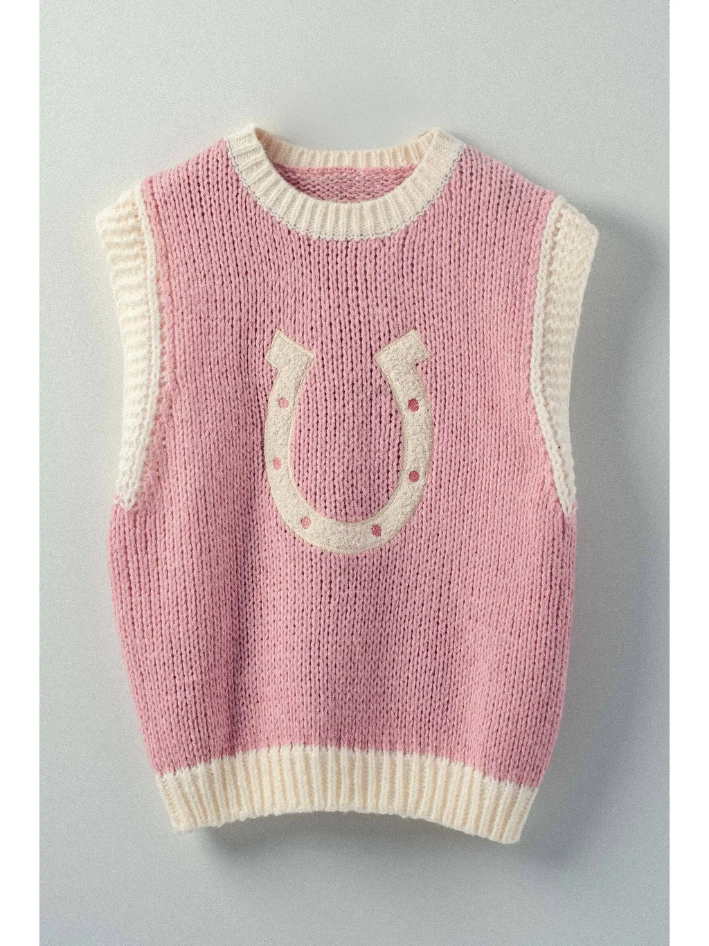 Western Horseshoe Crochet Knit Ribbed Trim Sweater Vest - PINK