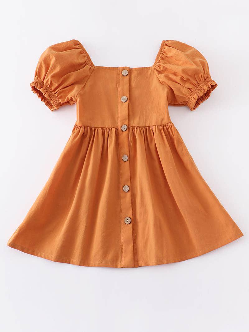 MUSTARD BUTTON PUFF SLEEVE GIRL DRESS