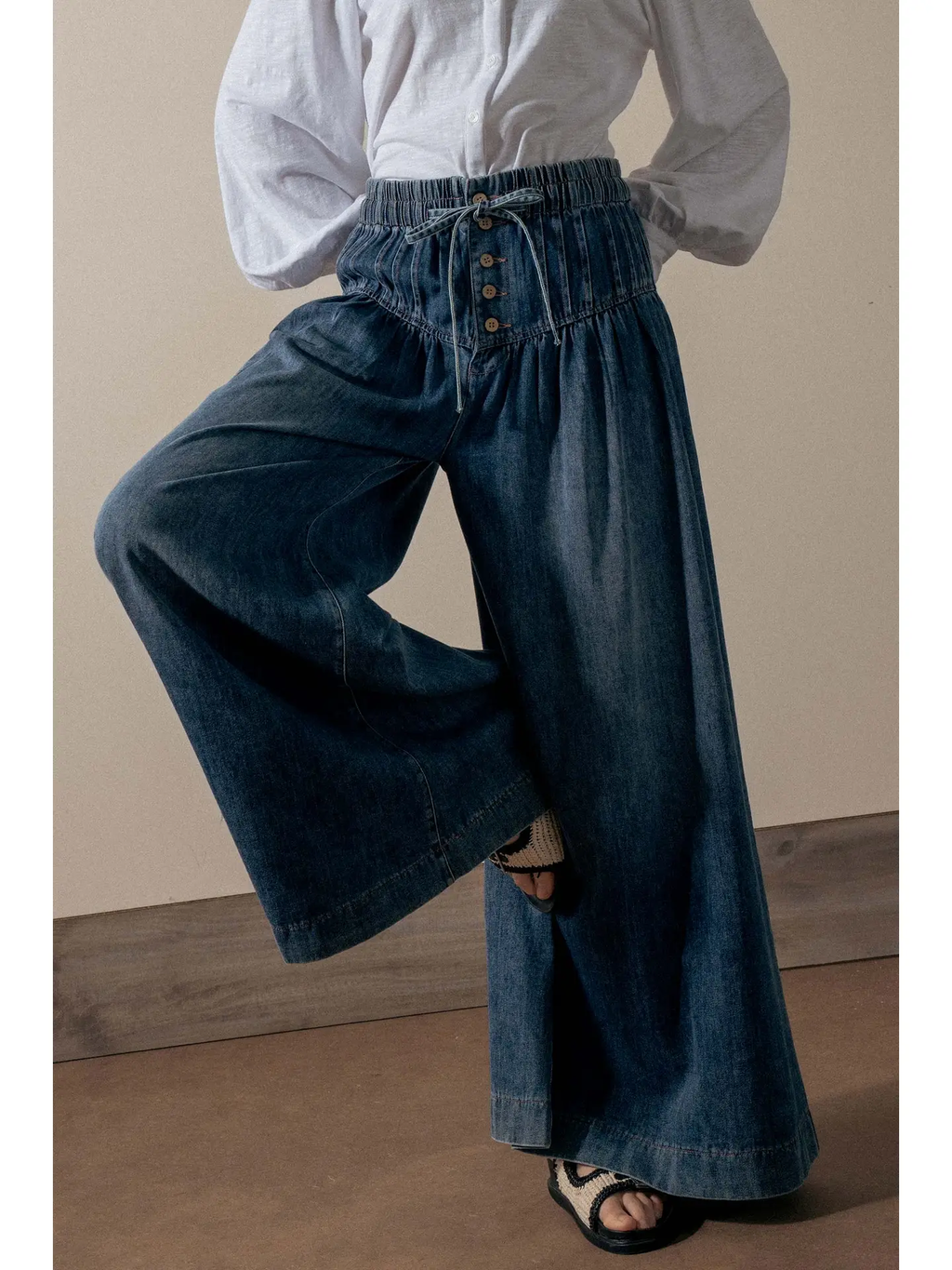 Pleated Wide-Leg Button Closure Pants - DARK DENIM