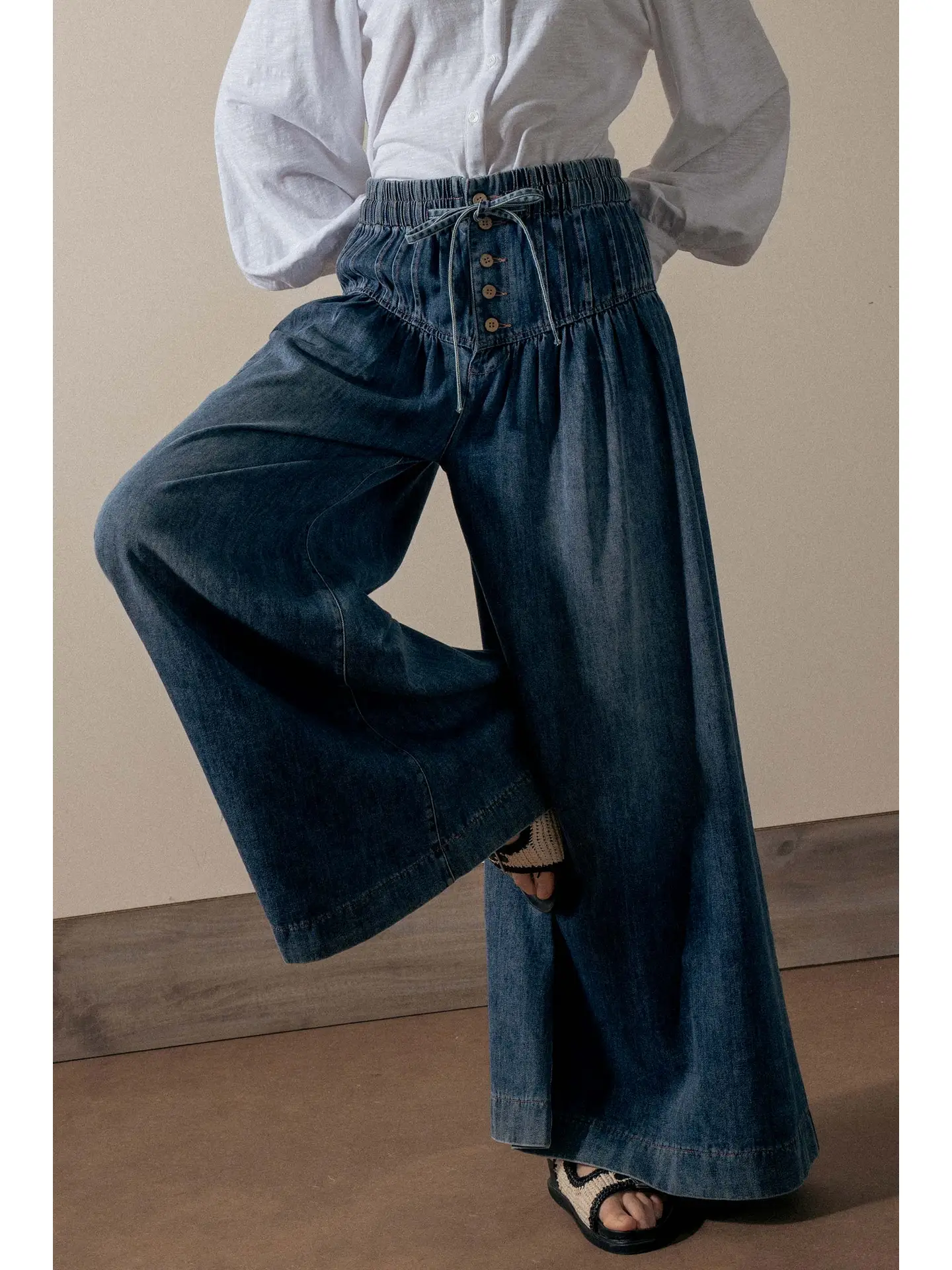 Pleated Wide-Leg Button Closure Pants - DARK DENIM
