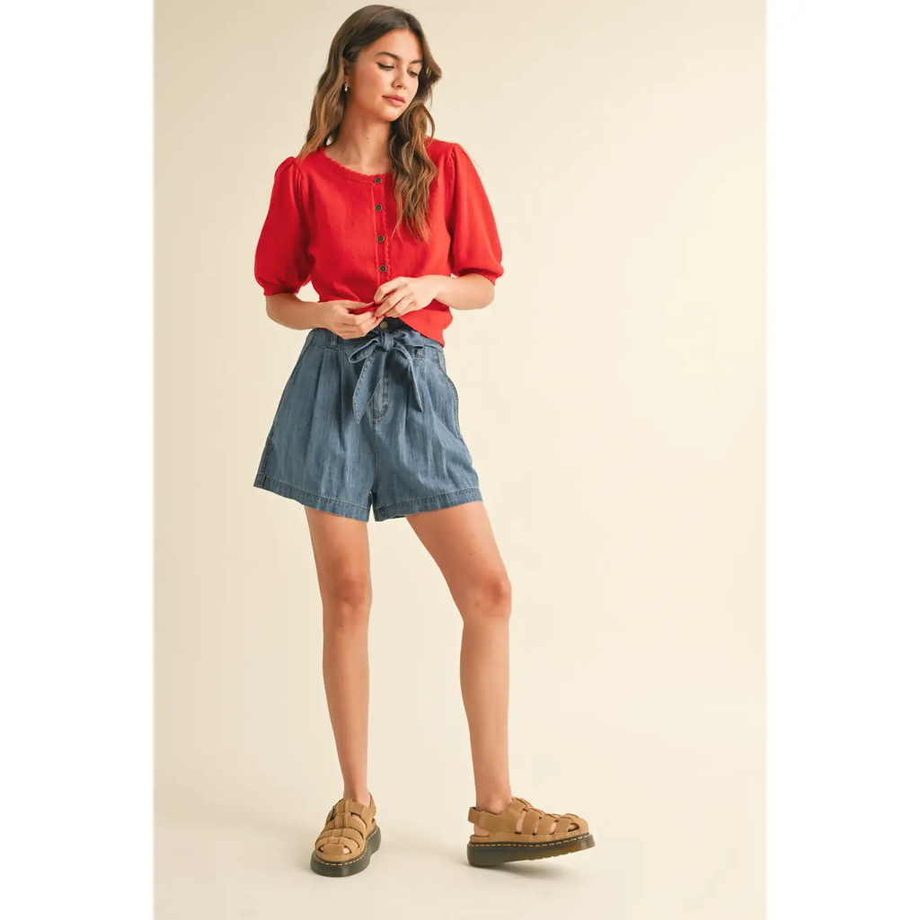 Chambray Denim Paperbag Waist Shorts