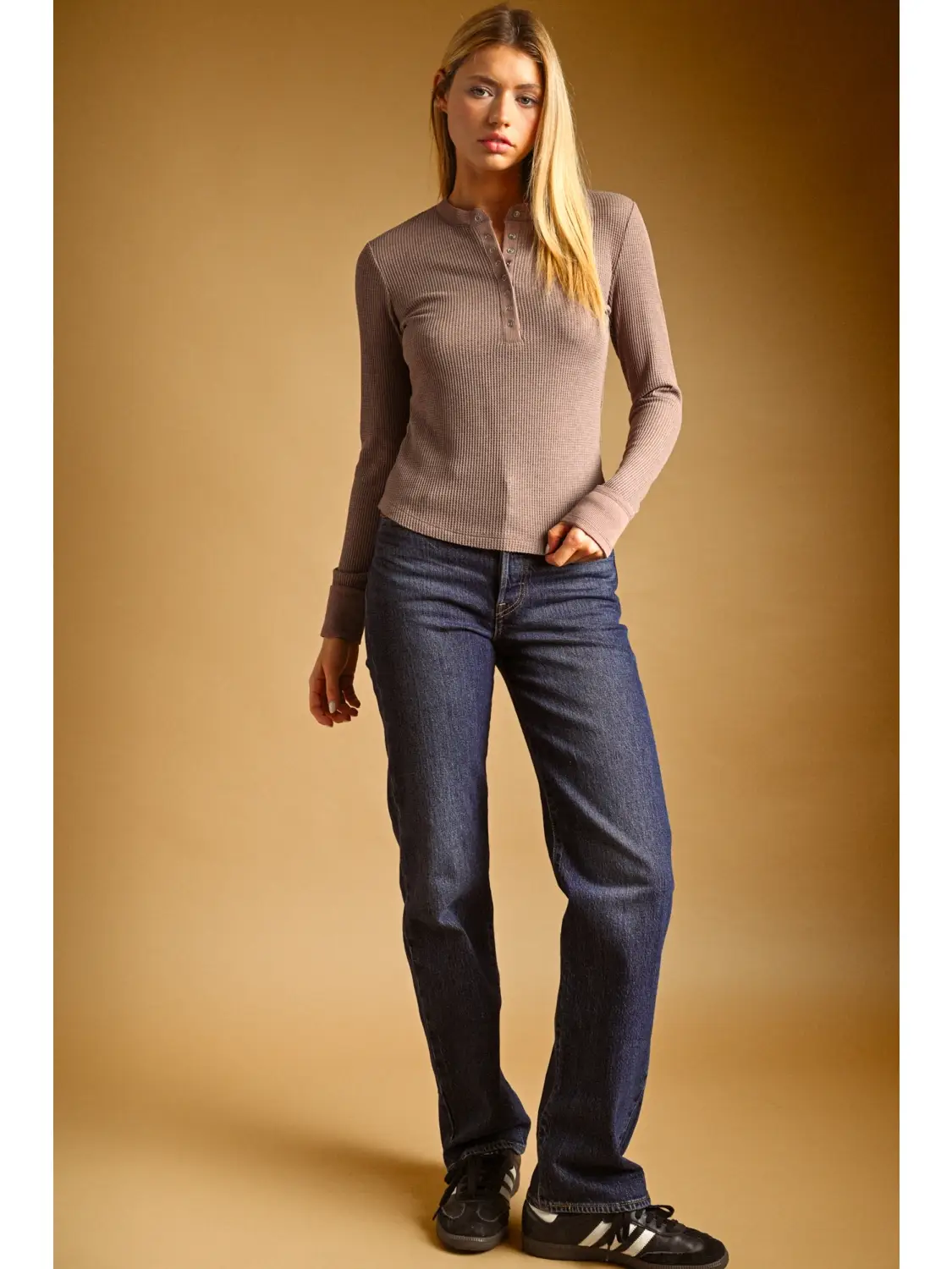 Half Snap Button Waffle Fabric Long Sleeve Top - CHOCOLATE