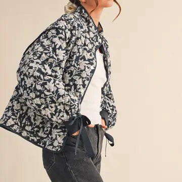 Floral Quilted Jacket with Ribbon Detail MJK3622 - navy floral