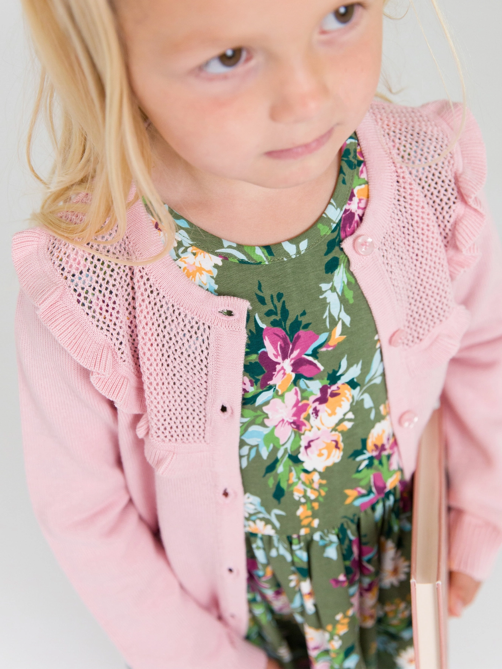 Girls Pink Sweater Knit Ruffle Trim Cardigan - Pink