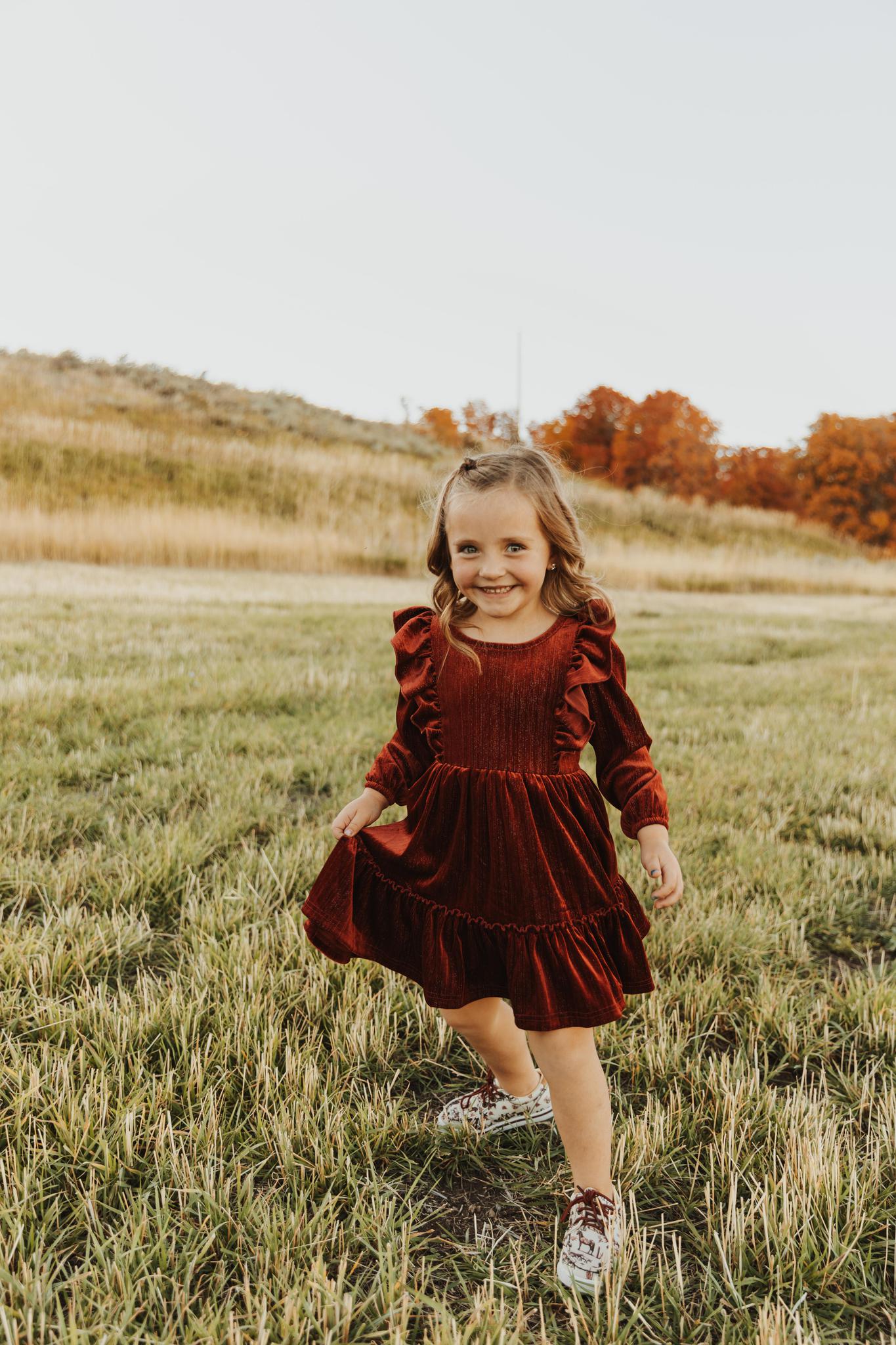 BURGUNDY VELVET RUFFLE GIRL DRESS