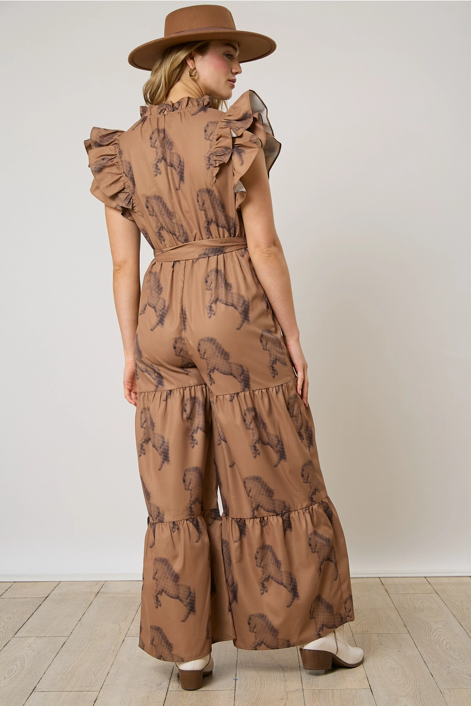 Halftone Horse Print Jumpsuit - Brown