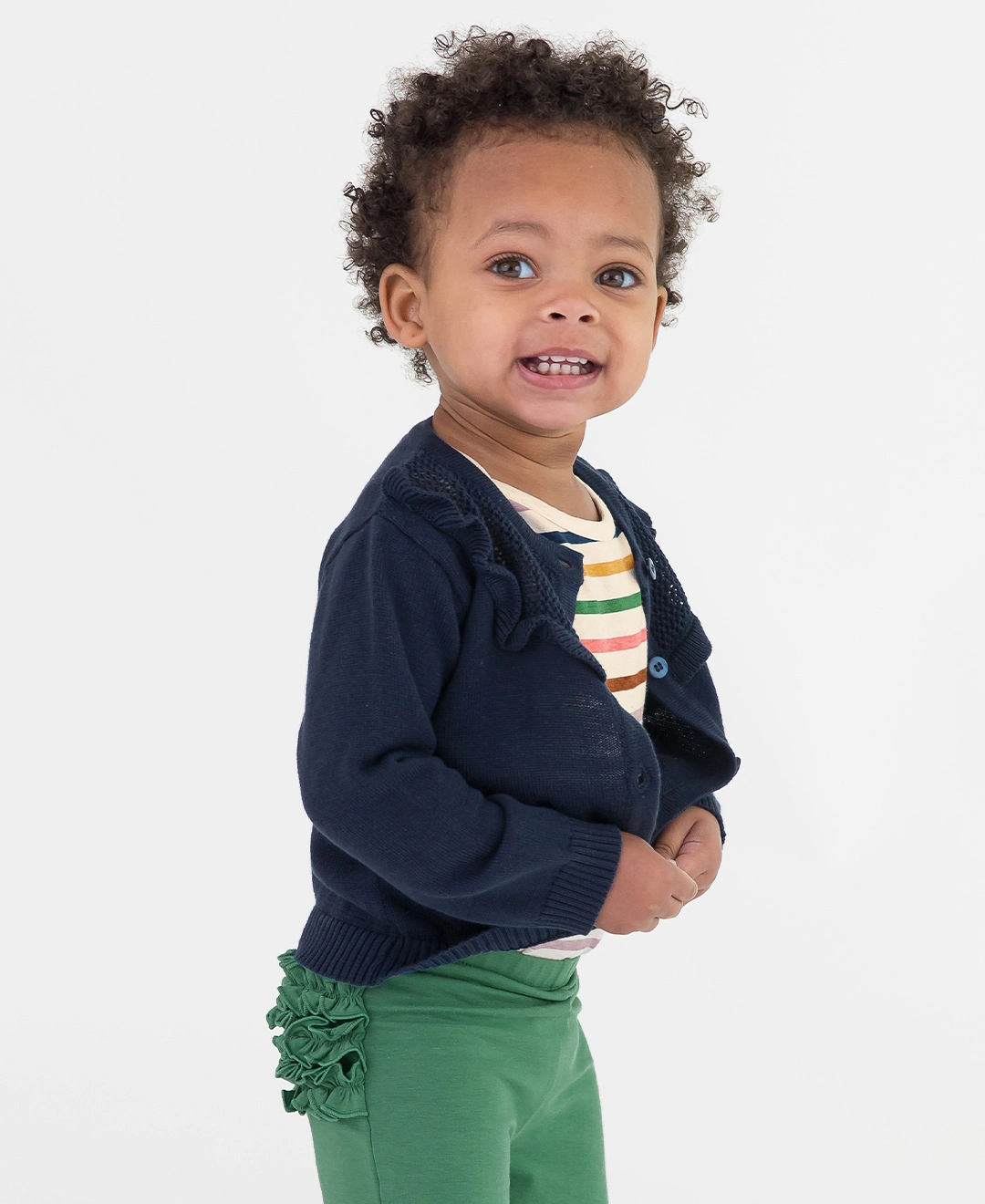 Girls Dark Navy Sweater Knit Ruffle Trim Cardigan - Navy Blue