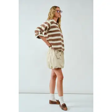 Stripe Polo T Shirt W/Sleeve Adjustable Tab - brown