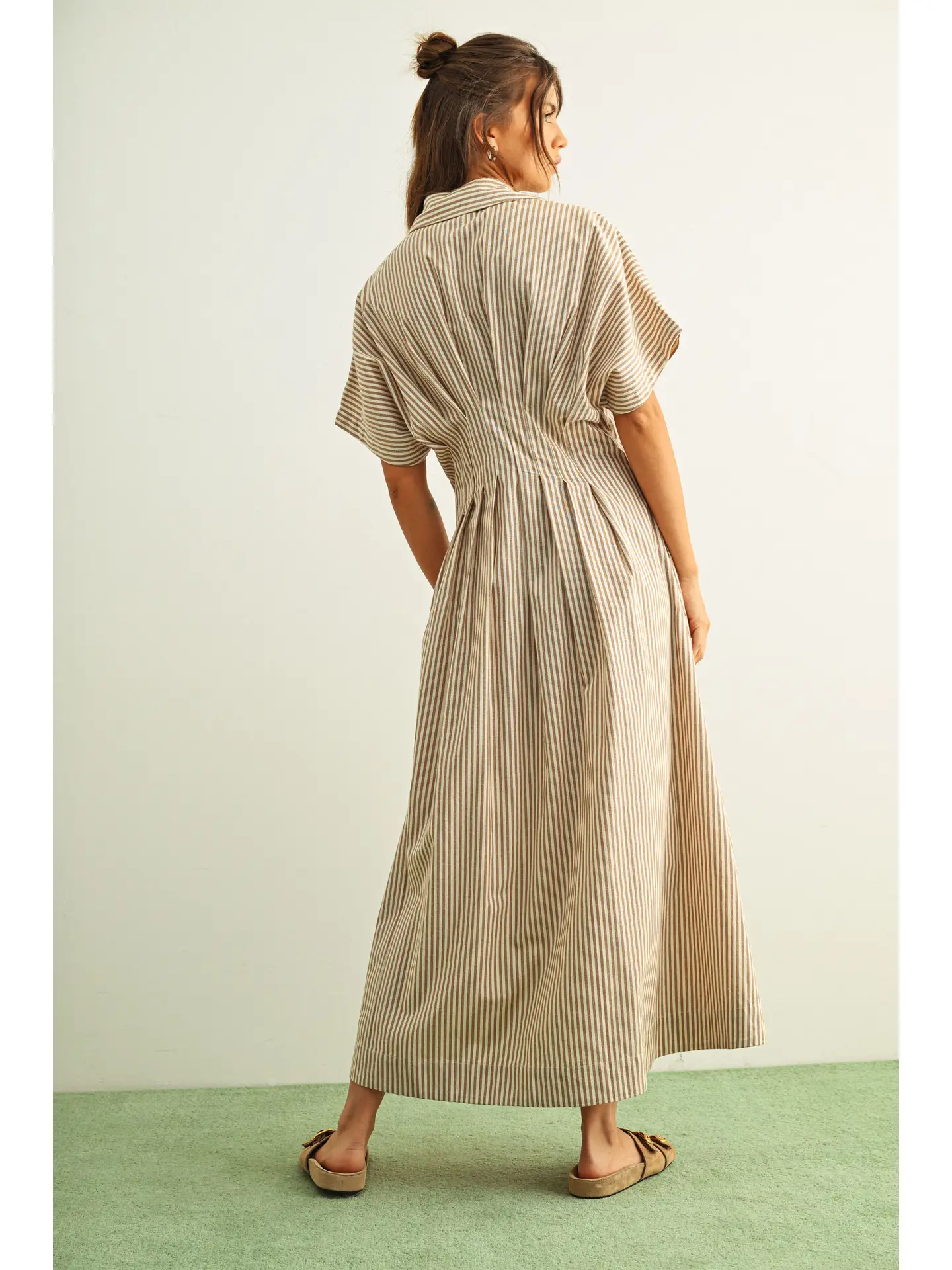 Striped Buttondown Shirt Dress - BROWN STRIPE