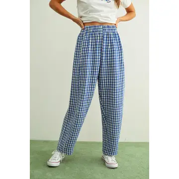 Gingham Pattern Elastic Band Waist Pants - BLUE/WHITE