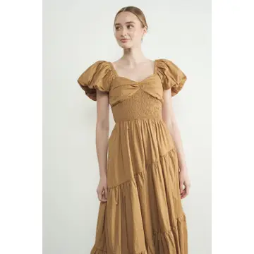 Puff Sleeves Smocked Bodice Tiered Midi Dress - Rust