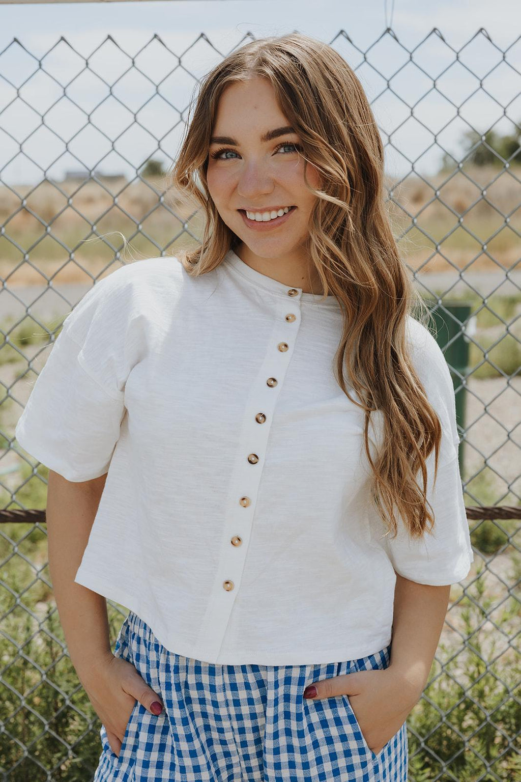 Button Down Round Neck Half Sleeve Top