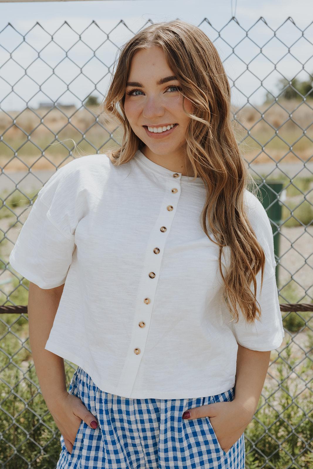 Button Down Round Neck Half Sleeve Top