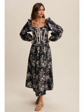 Floral Corset Ruffle Midi Dress - BLACK
