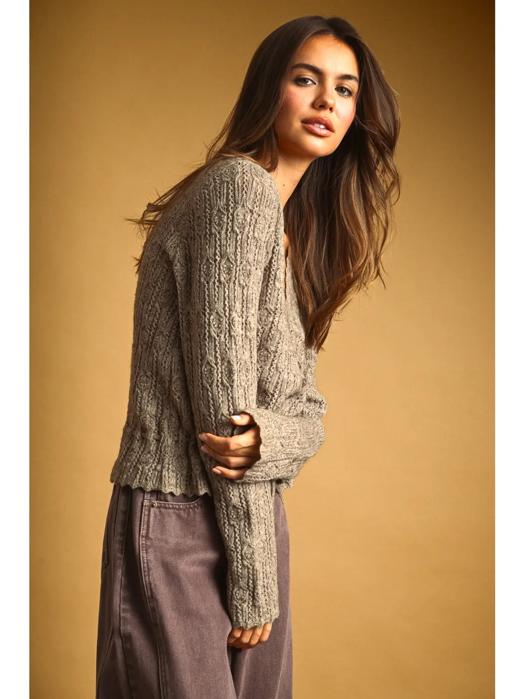 Lace Knit with Drawsting On Waist Knit Cardigan - WARM SAND